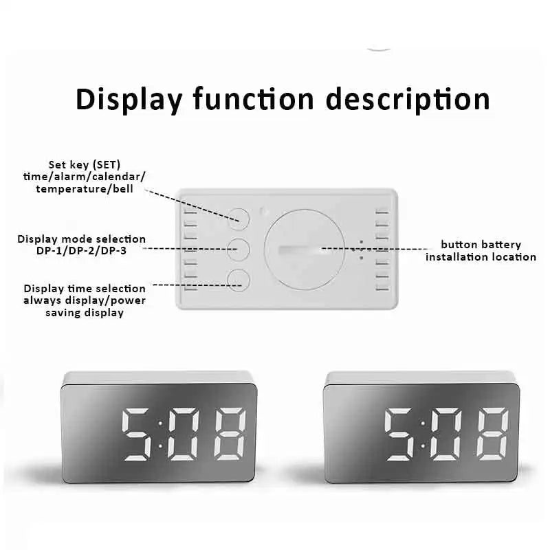 LED Mirror Alarm Clock — Digital Display with Night Light & USB Power
