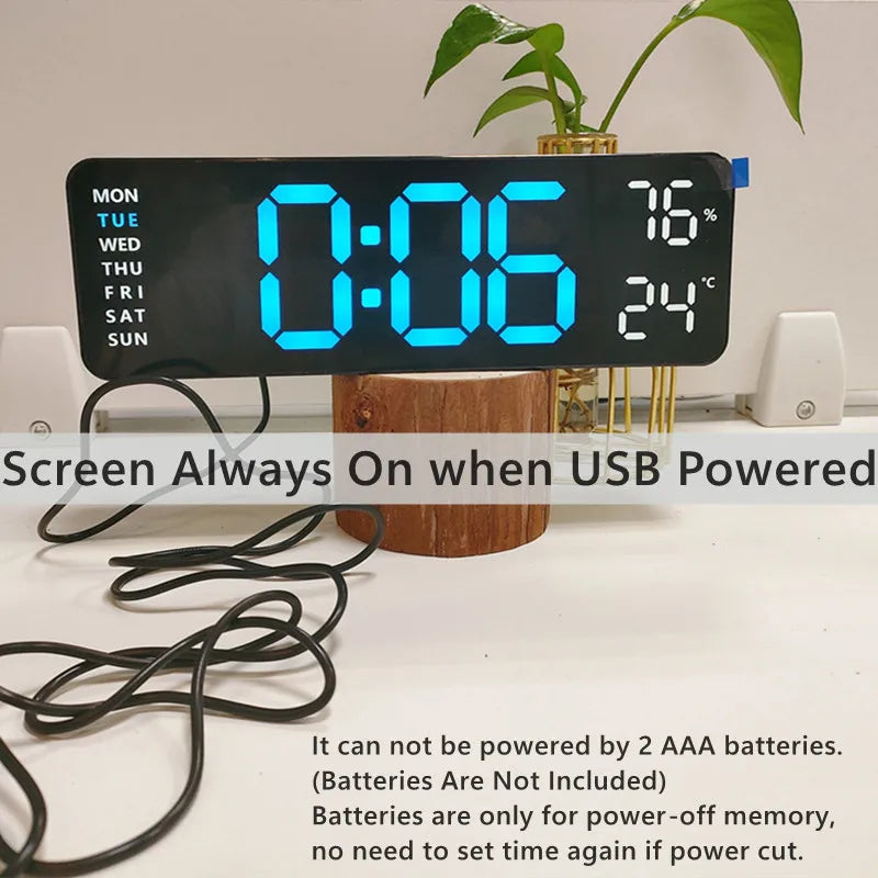 Large Digital Wall Clock — LED Display, Temperature, Humidity & Auto Dimmer